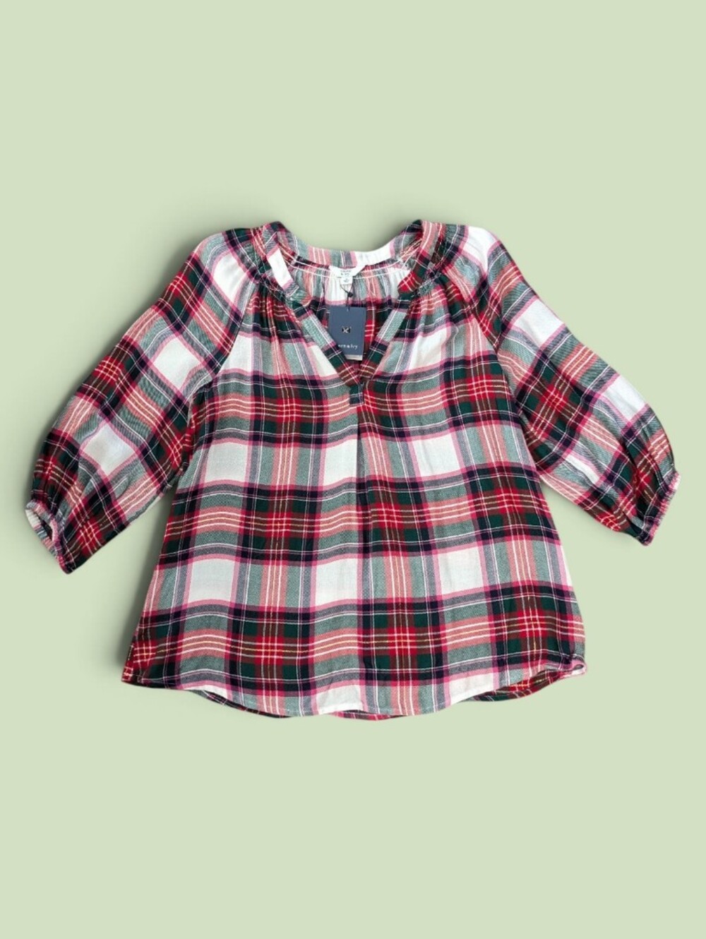 NWT Crown & Ivy Green Tartan Plaid 3/4 Sleeve Top Small Soft Knit Blouse Peasant